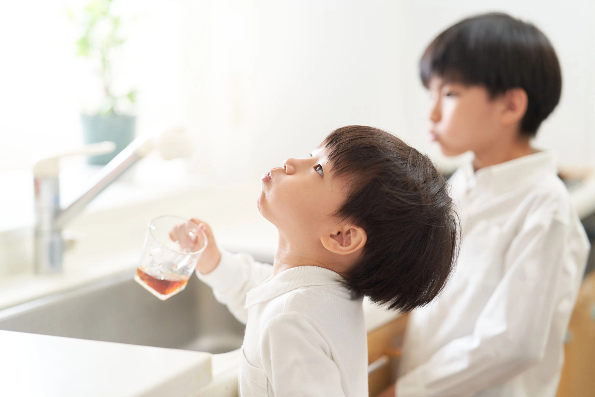 台所でコップを使ってうがいをする幼い男の子たち
